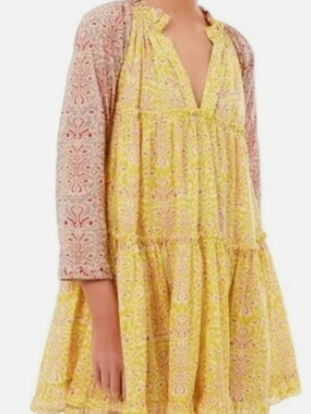 Charina Sarte Geometric Tiered Mini Dress Yellow XS Long Sleeve V-Neck